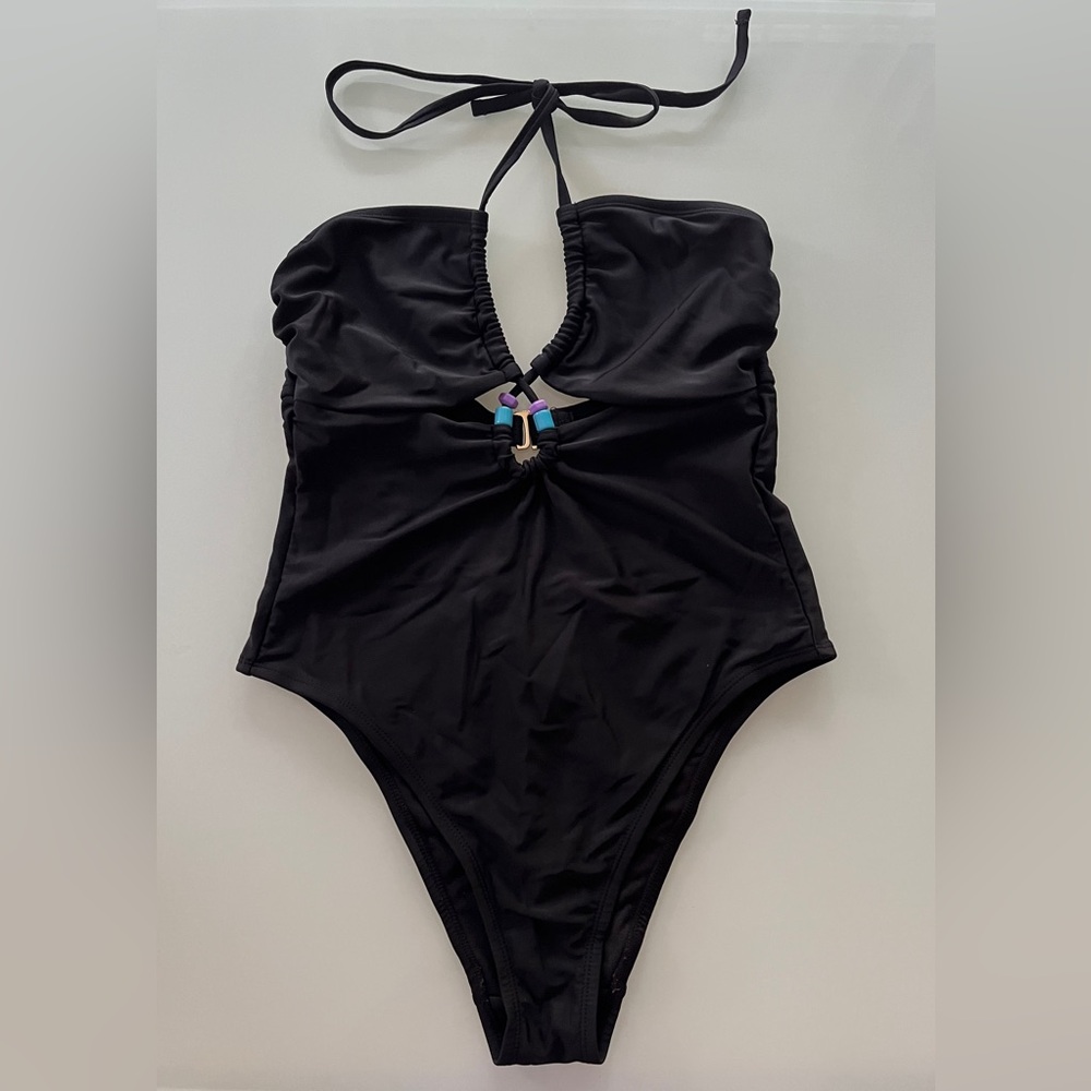 Endless Waves Swimsuit Sz M Black Halter Beaded Center w/ Cut-Outs